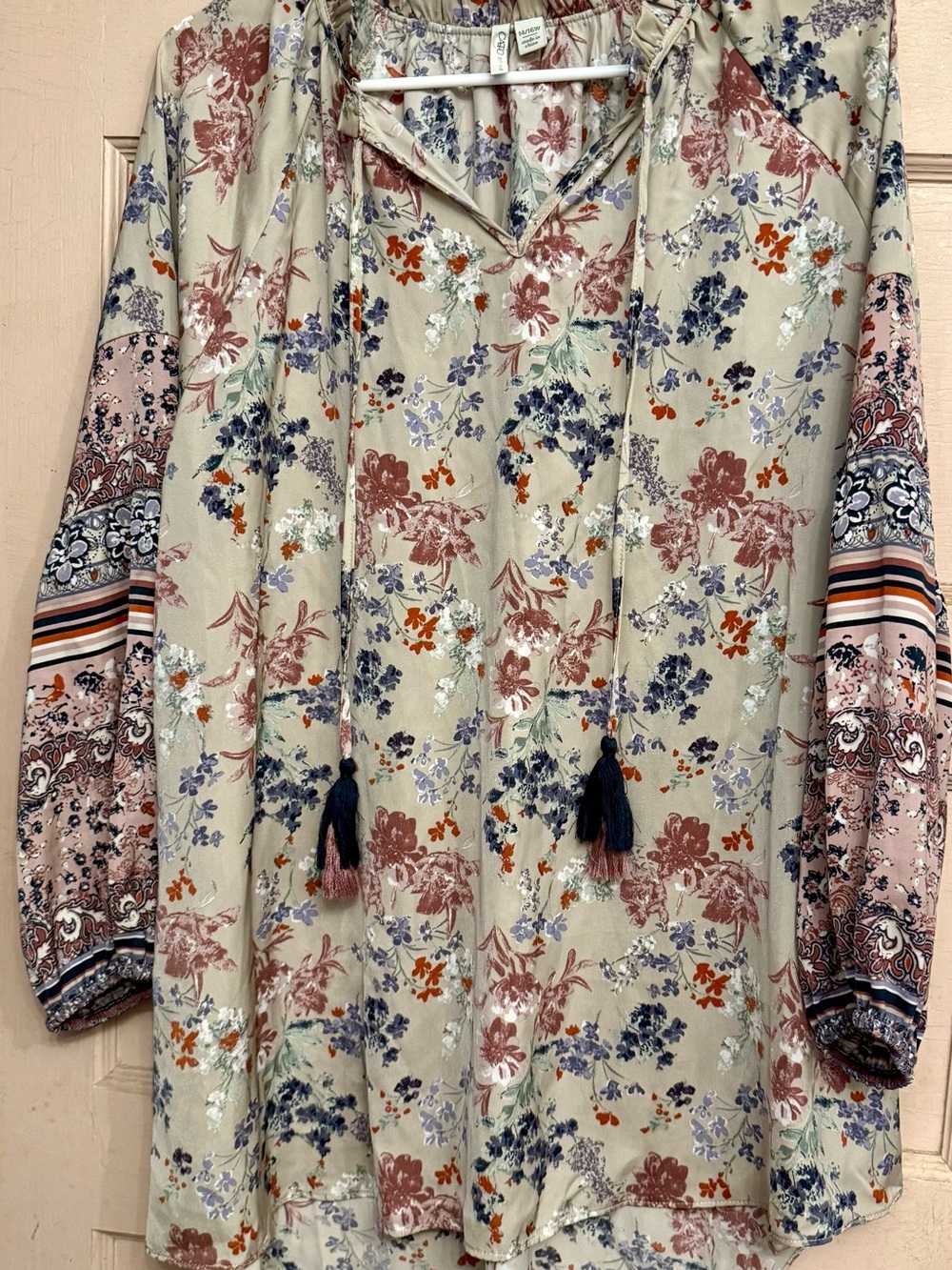 Cato Beige Floral peasant blouse with Tassel Detail